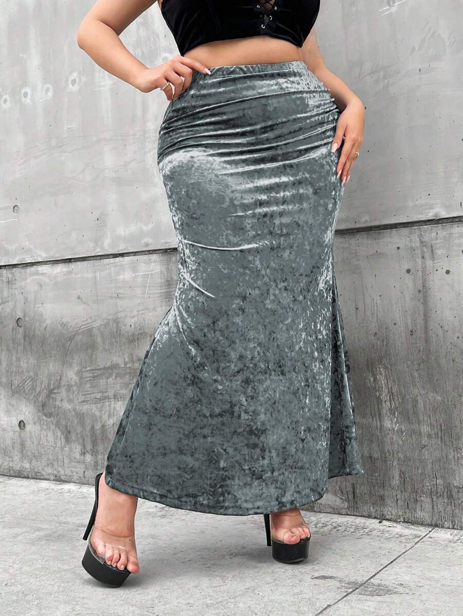 Flirla 大碼高腰魚尾裙下擺絲絨半身裙 - 灰色 - 查看 1