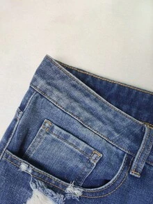 Plus Size Women Skull Print Distressed Denim Jeans - Blue - View 6