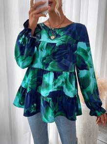 SHEIN VCAY 女款花卉印花荷葉邊下擺襯衫 - 綠色 - 查看 2