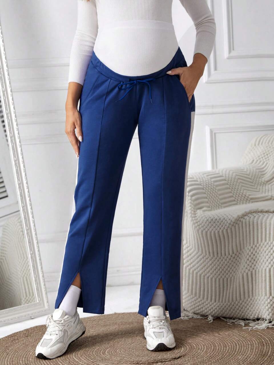 Maternity Adjustable Drawstring Pants With Side Stripes And Split Hem