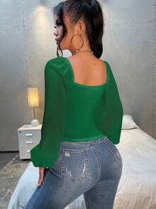 SHEIN SXY 女式愛心領襯衫，襯衫配荷葉袖，綁帶設計 - 綠色 - 查看 2