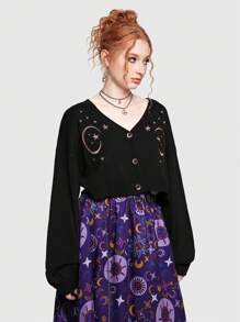 Hippie 女士月亮星星刺繡開衫 - 黑色 - 查看 2