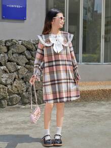 SHEIN 少女蝴蝶結前方聲明領襯衫袖子格紋洋裝 - 彩色 - 查看 4