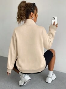 SHEIN EZwear Một nửa khóa kéo Túi kangaroo Thả vai Áo nỉ - Màu Khaki - Xem 6