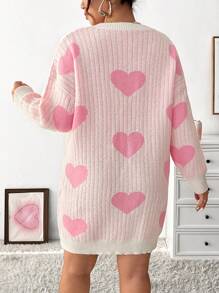 Celure Plus Size Heart Pattern Drop Shoulder Sweater Dress - Pink - View 2