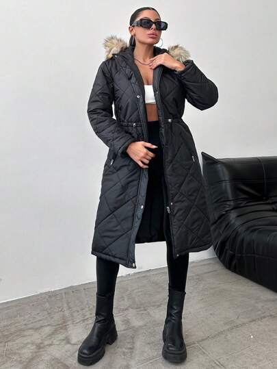 EURMUSE Women'S Long Quilted Padded Jacket With Fur Collar