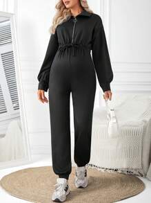SHEIN Maternity Half Zipper Jumpsuit - Black - View 4