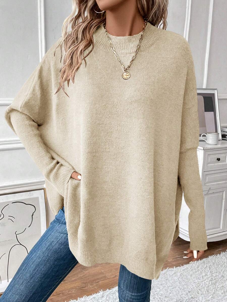 SHEIN Clasi Dơi Tay áo Màu thuần Áo len dệt kim - Màu be - Xem 1