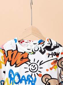 SHEIN 青少年男生合身休閒卡通熊印花圓領t恤和長褲緊身居家服套裝 - 白色 - 查看 4