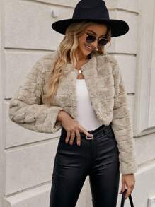 SHEIN Clasi 純色短款毛絨夾克 - 卡其色 - 查看 4