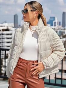 SHEIN Essnce 女士纯色长袖拉链领休闲加厚棉服外套，冬季衣服 - 米色 - 查看 6