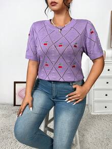 Celure 女士大尺碼櫻桃刺繡插肩袖針織上衣 - 紫色 - 查看 7