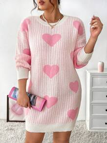 Celure Plus Size Heart Pattern Drop Shoulder Sweater Dress - Pink - View 4