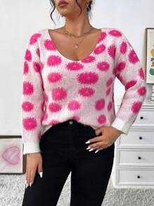 SHEIN Unity Áo len chui đầu cổ chữ V dáng tròn, cỡ lớn, chất liệu dệt kim, thích hợp mặc mùa thu đông. - Hồng - Xem 5