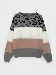 Women's Oversized Cute Colorblock Leopard Print Sweater, Casual Comfortable Ribbed Knit Crew Neck Long Sleeve Pullover Top - Multicolor - View 8