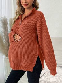 SHEIN 孕婦裝 磚紅色針織開衩毛衣 - 橘色 - 查看 1