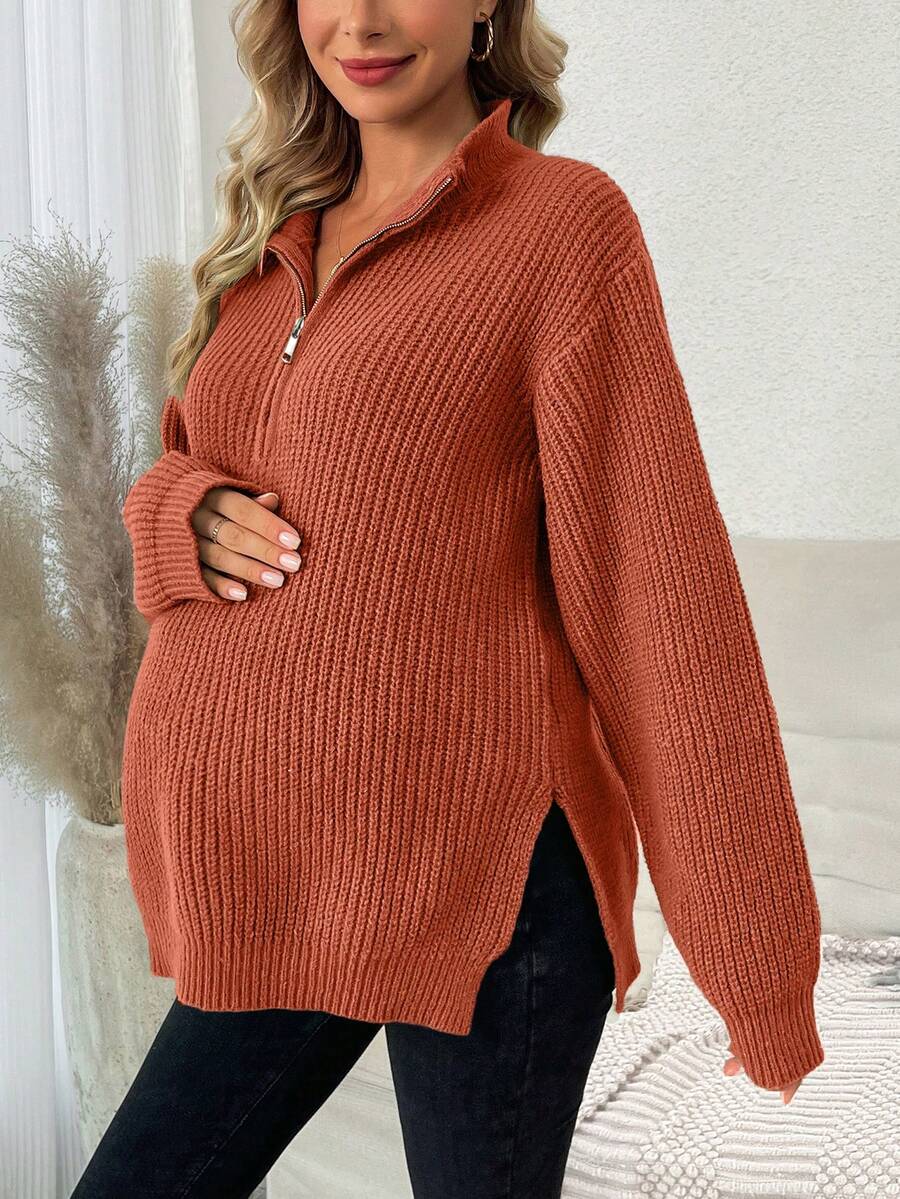 SHEIN 孕婦裝 磚紅色針織開衩毛衣 - 橘色 - 查看 1