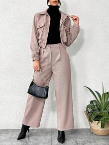 SHEIN Essnce Quý cô Màu thuần Cổ áo sơ mi Với Lớn Túi Áo Và Len áo Bộ , 2 Miếng - Màu Khaki - Xem 4
