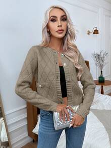 SHEIN Privé Của phụ nữ Kim cương Đan Nút phía trước Áo len Mở - Màu nâu  Mocha - Xem 4