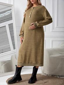 SHEIN Long Sleeve Maternity Sweatshirt Dress, For Winter - Khaki - View 4