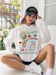 SHEIN Qutie Slogan & Cartoon Graphic Drop Shoulder Drawstring Hoodie - White - View 5