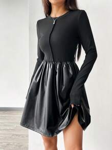 SHEIN EZwear 純色圓領長袖女裝連衣裙 - 灰色 - 查看 4