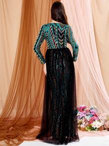 LOVE&LEMONADE Cổ Lao Lưới tương phản Kim sa Ăn mặc trang trọng - màu xanh lá - Xem 2