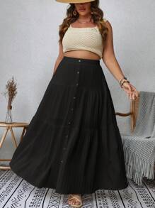 SHEIN VCAY Plus Size Front Button Pleated Summer Skirt - Black - View 4