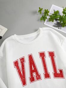 SHEIN EZwear 女款大輪廓字母印花落肩套頭衫 - 白色 - 查看 4