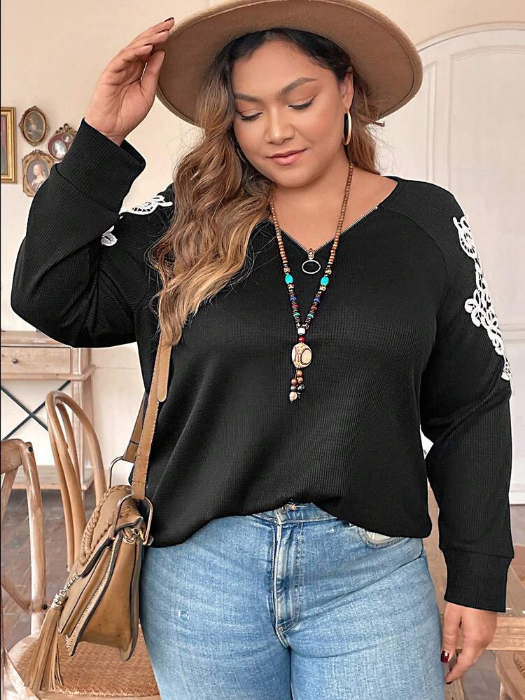 Plus Guipure Lace Insert Raglan Sleeve Tee
