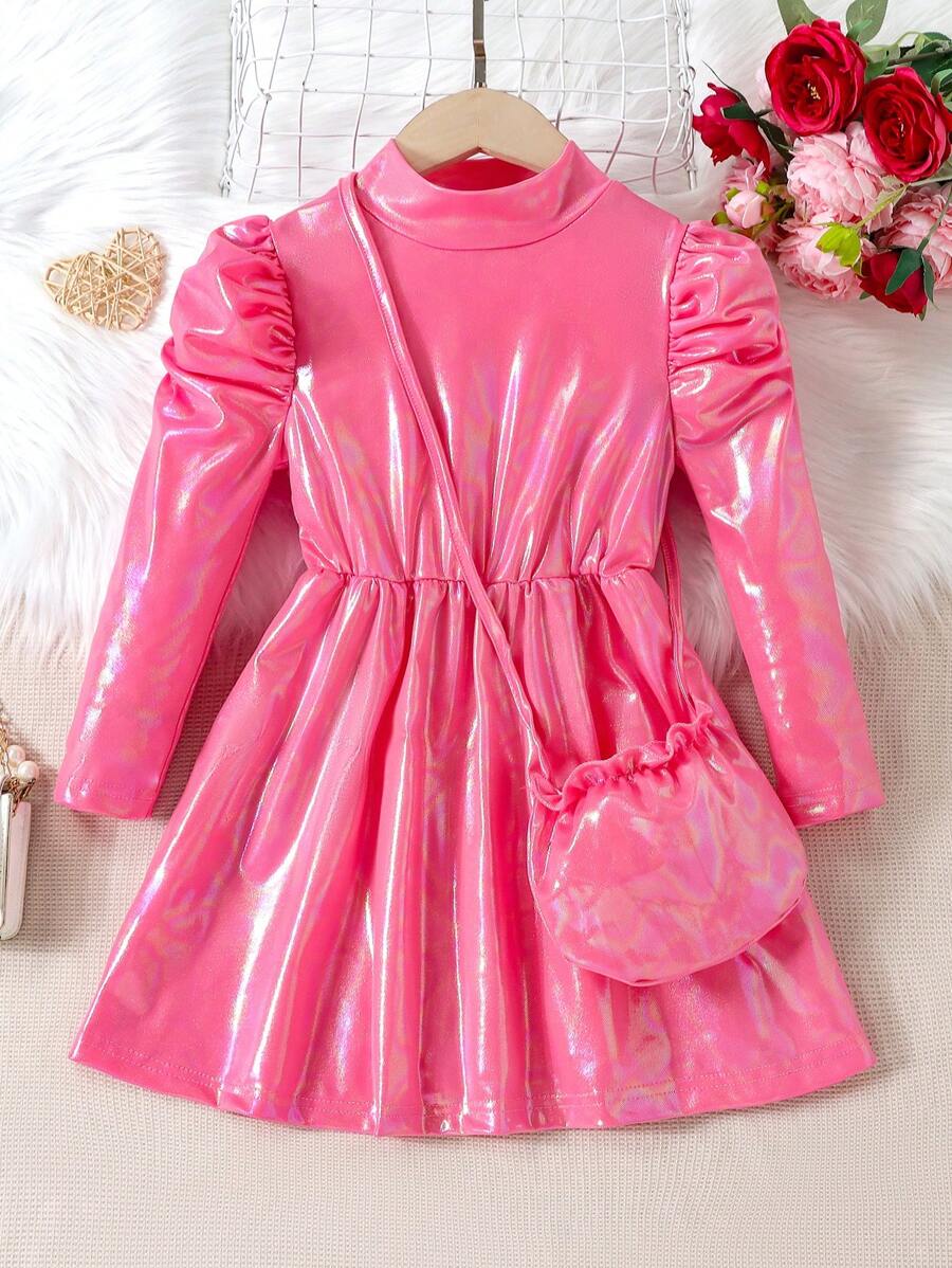 SHEIN 幼童女孩秋季高領羊肉袖連身裙和手提包 - 粉色 - 查看 1