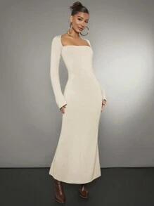 SHEIN BAE 女士方領短袖修身長裙