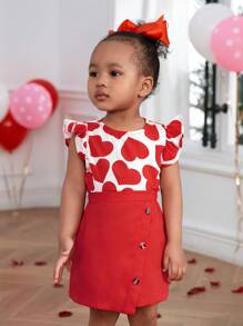 SHEIN Baby Girls' Casual Cute Heart Pattern Elastic Waist Skirt Set For Valentine's Day