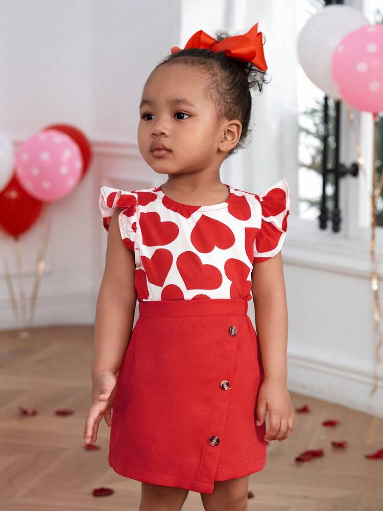 Baby Girls' Casual Cute Heart Pattern Elastic Waist Skirt Set For Valentine's Day