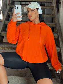 SHEIN EZwear 女士加大碼束口連帽紋理面料連帽衫 - 橘色 - 查看 7