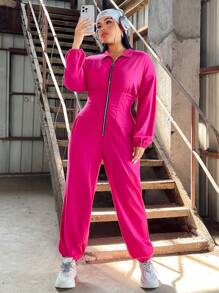 SHEIN EZwear 大尺碼女式腰帶運動衫酷連身褲 - 玫紅色 - 查看 1