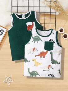 SHEIN Young Boy 2pcs/Set Cute Comfortable Cartoon Dinosaur Pattern Colorblock Hem Tank Top - Green - View 1