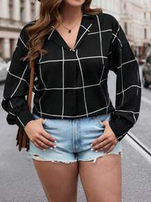 SHEIN LUNE 加大尺碼女士格紋燈籠袖襯衫
