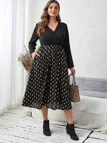 EMERY ROSE 大尺寸波點圖案 V 領長袖連身裙 - 黑色 - 查看 4