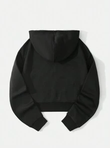 SHEIN EZwear 女性字母印花束腰連帽短版運動衫 - 黑色 - 查看 2