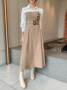 Dazy Star 女士时尚衬衫领拼接连衣裙，腰带和纽扣装饰，秋季连衣裙长袖连衣裙 - 卡其色 - 查看 7