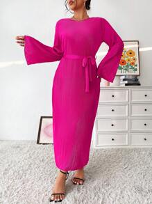 SHEIN Unity 加大码纯色连衣裙，喇叭袖和腰带，超长款女装 - 玫紅色 - 查看 4