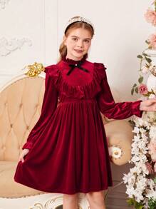 SHEIN 青少女學院風蝴蝶結及荷葉邊長袖裙 - 酒紅色 - 查看 4