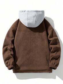 男士长袖字母拼接细节连帽保暖灯芯绒外套，秋冬款