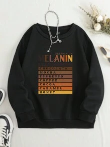 SHEIN EZwear 大尺碼女標語印花抓絨運動衫 - 黑色 - 查看 6