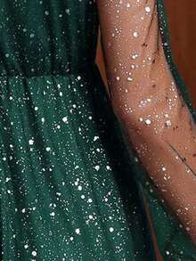 Contrast Mesh Lantern Sleeve Overlap Collar Sequin Detail Dress - Green - View 7