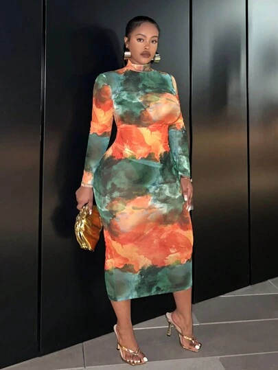 Slaydiva 女性大碼高領透明網眼連身洋裝