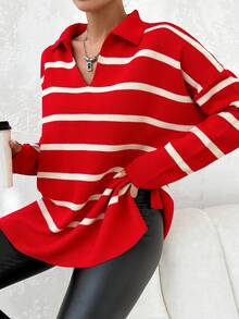 SHEIN Striped Pattern Drop Shoulder Sweater - Red - View 3