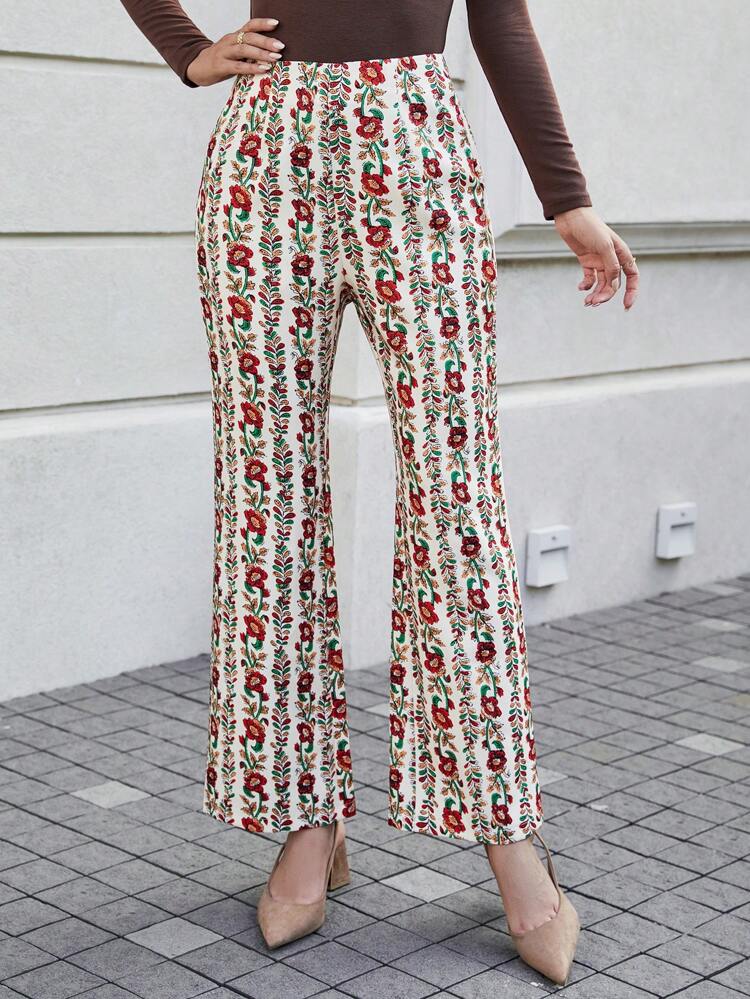 Floral Print Wide Leg Trousers Fall Cloth For Women