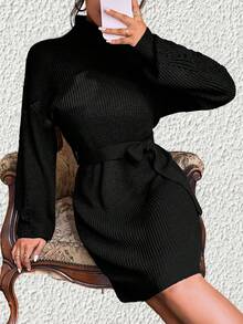 SHEIN Privé 女士高領燈籠袖毛衣裙 - 黑色 - 查看 3